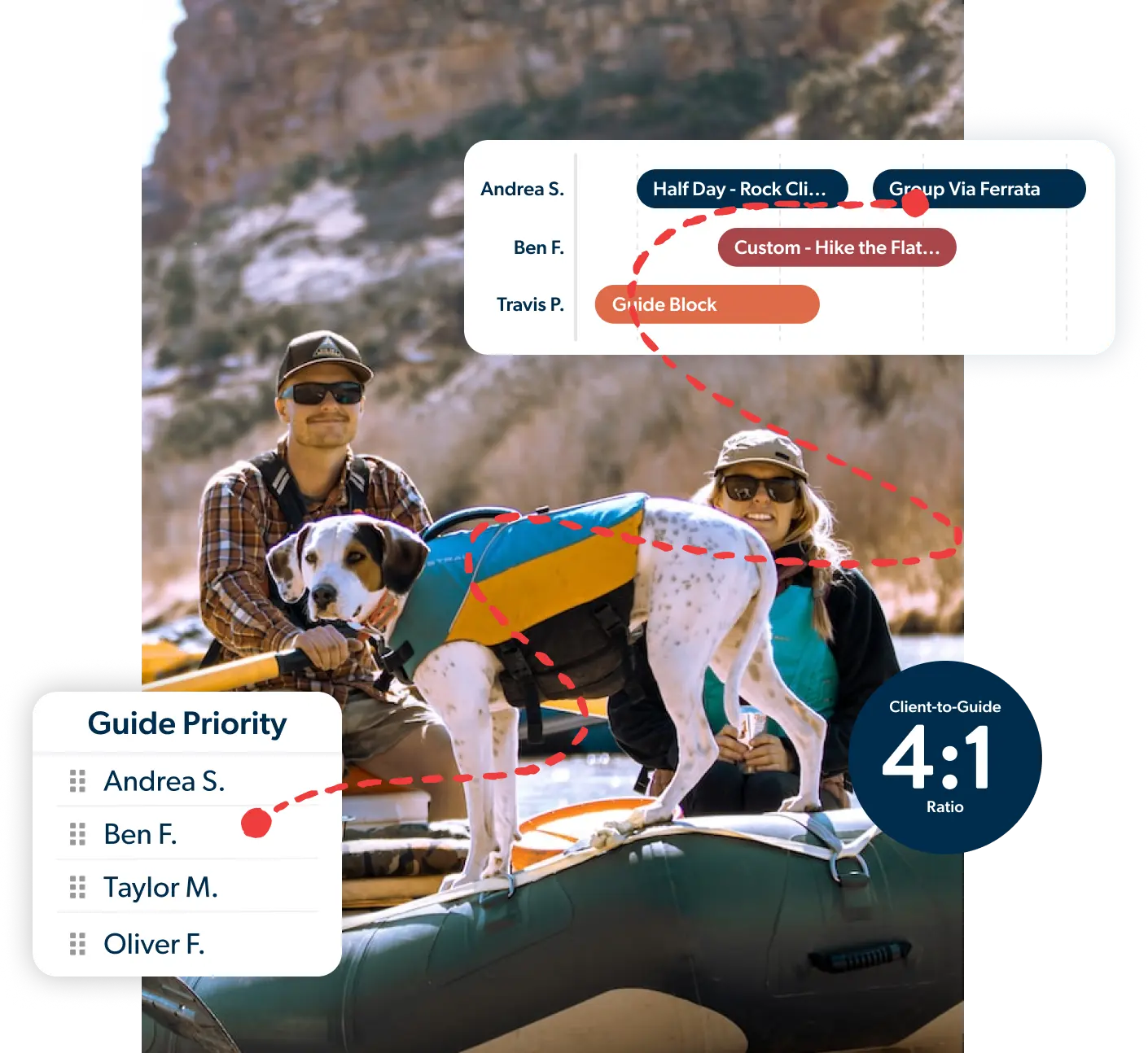 A couple on a river raft with a dog, overlaid with screenshots from the Origin app