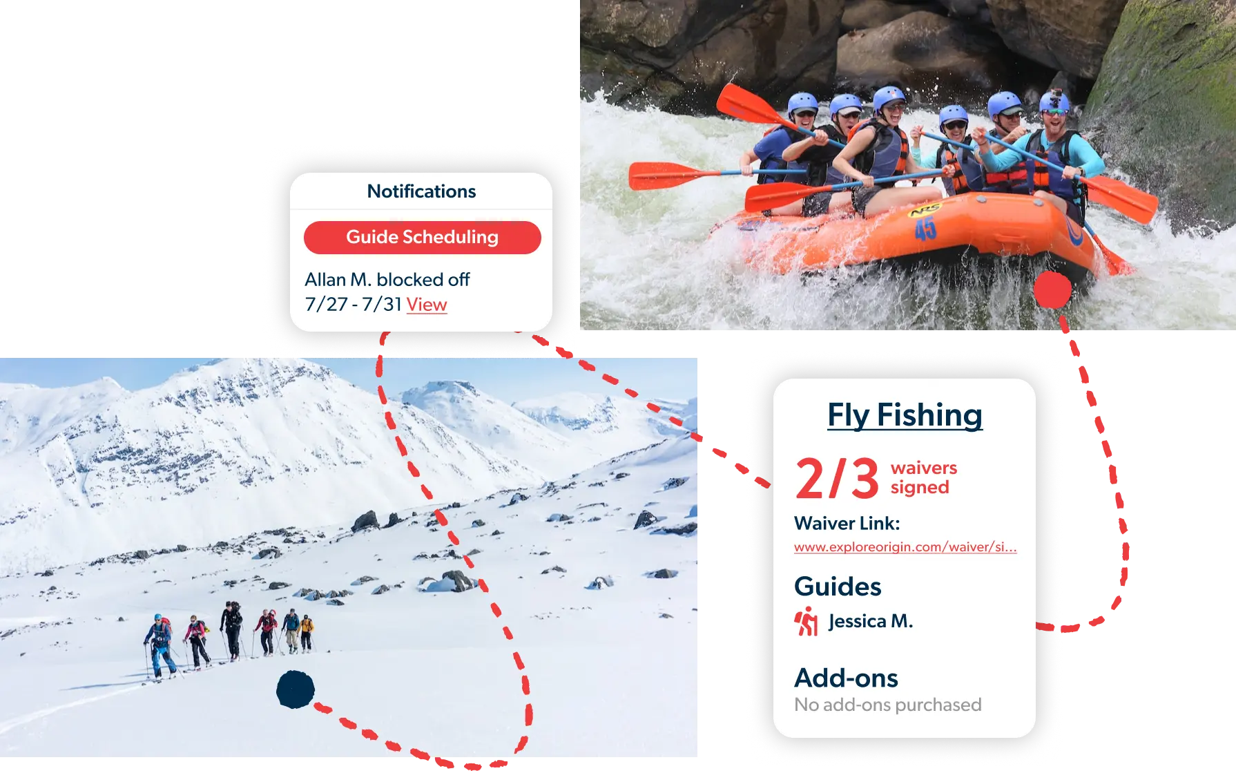 A photo of river rafters and a photo of backcountry skiers overlaid with screenshots from the Origin app