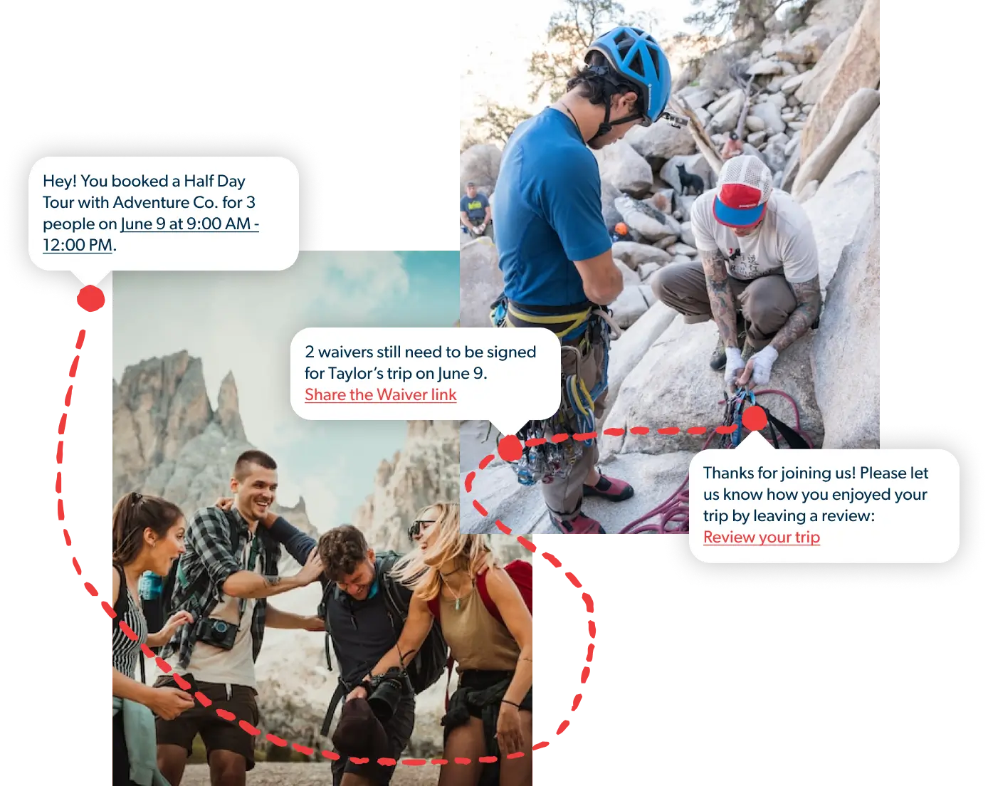 A photo of two rock climbers at the bottom of a crag and a photo of a group of hikers, overlaid with screenshots from the Origin app