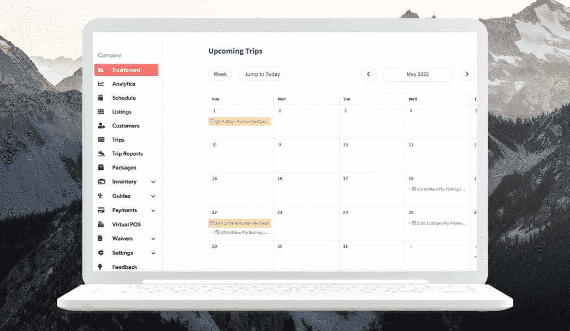 screenshot of online booking software dashboard with mountain backdrop